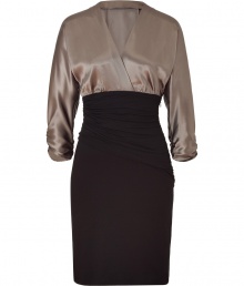 Contrast texture and color to elegant effect with Paule Kas sepia and black silk and cotton blend dress - Especially flattering, thanks to a touch of stretch - Wrap-style bodice with deep v-neck and gathered, 3/4 sleeves - High-waisted, ruched pencil skirt hits above the knee - Zips at side -  Seamlessly transitions from the office to evenings out - Pair with platform pumps, ankle booties or strappy sandals