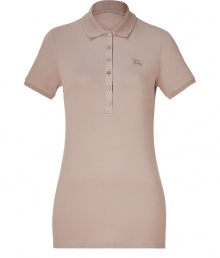 Luxe polo in fine, silver-beige cotton stretch blend - Traditional button down style with short, fitted sleeves and small collar - Embroidered logo at chest - New, lengthier cut is slim and hits below the hips - A dream basic as versatile as it is stylish - Pair with a blazer and leather pencil skirt or layer beneath a cardigan and wear with skinny jeans