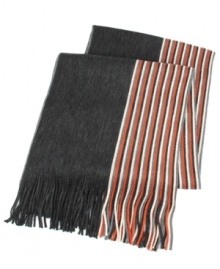 A stalwart solid or a stylish stripe? Tallia draws a line straight down the middle-half heather charcoal and half skinny stripes-in a scarf that shows the best of both. A stalwart solid or a stylish stripe? Tallia draws a line straight down the middle-half heather charcoal and half skinny stripes-in a scarf that shows the best of both.