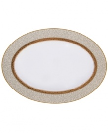 Noritake makes any occasion memorable with the opulent Odessa Gold oval platter. Wide bands of etched gold and pale gray with delicate blooms adorn classic bone china. Noritake makes any occasion memorable with the opulent Odessa Gold oval platter. Wide bands of etched gold and pale gray with delicate blooms adorn classic bone china.