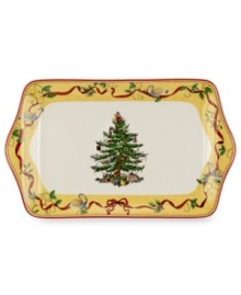 A sun-yellow partridge and pear tree motif lend new cheer to the annual dessert tray and what's already a symbol of the season – Spode's Christmas Tree dinnerware. A sun-yellow partridge and pear tree motif lend new cheer to the annual dessert tray and what's already a symbol of the season – Spode's Christmas Tree dinnerware.