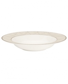 Dressed in a fine diamond grid of bronze and warm taupe, these rim soup bowls are from Noritake dinnerware. The dishes are tailored for formal dining and everyday elegance in bone china. Dressed in a fine diamond grid of bronze and warm taupe, these rim soup bowls are from Noritake dinnerware. The dishes are tailored for formal dining and everyday elegance in bone china.