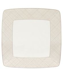 Dressed in a fine diamond grid of bronze and warm taupe, the large square plates in the Veneto collection are tailored for formal dining and everyday elegance in bone china. Dressed in a fine diamond grid of bronze and warm taupe, the large square plates in the Veneto collection are tailored for formal dining and everyday elegance in bone china.