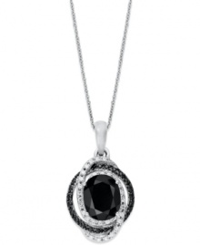 Adorn your neckline with sweet, swirling sparkle. This oval-shaped pendant highlights an onyx gemstone at center (8 mm x 10 mm) with surrounding rows of round-cut white diamonds (1/2 ct. t.w.) and black diamond accents. Set in sterling silver. Approximate length: 18 inches. Approximate drop: 1 inch. Adorn your neckline with sweet, swirling sparkle. This oval-shaped pendant highlights an onyx gemstone at center (8 mm x 10 mm) with surrounding rows of round-cut white diamonds (1/2 ct. t.w.) and black diamond accents. Set in sterling silver. Approximate length: 18 inches. Approximate drop: 1 inch.