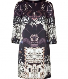 A bold print in muted hues covers this must-have shift dress from London It designer Mary Katrantzou - Bateau neck, three-quarter sleeves, A-line silhouette, all-over print - Pair with peep-toe pumps and a statement satchel A bold print in muted hues covers this must-have shift dress from London It designer Mary Katrantzou - Bateau neck, three-quarter sleeves, A-line silhouette, all-over print - Pair with peep-toe pumps and a statement satchel