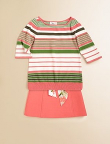 A colorful style with a multi-stripe design. ScoopneckThree-quarter length sleevesRibbed hemPull-on style72% viscose/28% elastaneDry cleanImported A colorful style with a multi-stripe design. ScoopneckThree-quarter length sleevesRibbed hemPull-on style72% viscose/28% elastaneDry cleanImported