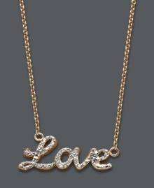 Say it if you mean it. Studio Silver's romantic Love necklace features a cursive design encrusted with crystals. Set in 18k rose gold over sterling silver. Approximate length: 16 inches + 2-inch extender. Approximate drop length: 1 inch. Approximate drop width: 1/2 inch.