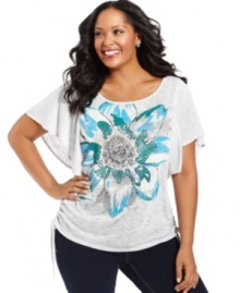 Flaunt your flower power with Style&co.'s butterfly sleeve plus size top, punctuated by a ruched hem. Flaunt your flower power with Style&co.'s butterfly sleeve plus size top, punctuated by a ruched hem.
