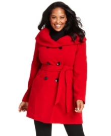 Look chic in the cold with Style&co.'s double-breasted plus size coat, cinched by a belted waist. Look chic in the cold with Style&co.'s double-breasted plus size coat, cinched by a belted waist.