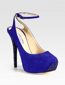 For a touch of Hollywood glamour, try this suede platform silhouette with glittery Swarovski crystals and an adjustable ankle strap. Swarovski crystal-coated heel, 5¼ (130mm)Hidden platform, 1½ (40mm)Compares to a 3¾ heel (95mm)Suede upper accented with Swarovski crystalsAdjustable ankle strapLeather liningLeather sole with Swarovski crystalsPadded insoleMade in Italy