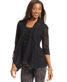 Layer on this fab lace Style&co. cardigan for a sleek silhouette! Its cascade collar and asymmetrical hem add depth to your look.