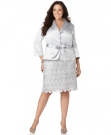 This plus size special occasion suit from Tahari by ASL combines sumptuous satin on the jacket with the sophisticated look of lace on the skirt. The jacket's ribbon belt and the skirt's scalloped hem are especially striking.