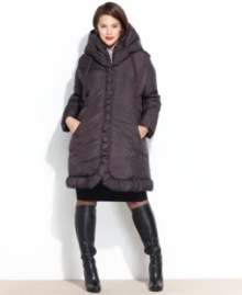 Tahari's plus size puffer coat looks extra plush with a soft pillow collar and ruched details.