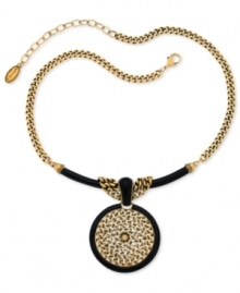 Get roped in with this necklace from T Tahari. It's crafted from nickel-free mixed metal, and features 14k gold plating and a black resin and rope design on the pendant. Approximate length: 17 inches + 3-inch extender. Approximate drop: 2-1/2 inches. Get roped in with this necklace from T Tahari. It's crafted from nickel-free mixed metal, and features 14k gold plating and a black resin and rope design on the pendant. Approximate length: 17 inches + 3-inch extender. Approximate drop: 2-1/2 inches.