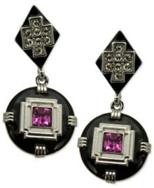 Period pieces de resistance. T Tahari captures the Art Deco era with its Definitely Deco drop earrings. Crafted from silver-tone mixed metal with fuchsia and clear crystal accents for a vibrant touch. Approximate drop: 2 inches. Period pieces de resistance. T Tahari captures the Art Deco era with its Definitely Deco drop earrings. Crafted from silver-tone mixed metal with fuchsia and clear crystal accents for a vibrant touch. Approximate drop: 2 inches.