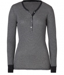 An essential basic in super soft cotton-cashmere, Majestics striped henley is a must for your layered looks - Rounded neckline, button closures, long sleeves, black trim - Classic slim fit - Pair with favorite skinnies and chunky biker boots An essential basic in super soft cotton-cashmere, Majestics striped henley is a must for your layered looks - Rounded neckline, button closures, long sleeves, black trim - Classic slim fit - Pair with favorite skinnies and chunky biker boots