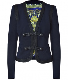 Luxurious jacket made ​.​.of fine rayon-nylon blend - From the iconic Italian label Emilio Pucci, with designer Peter Dundas - High-fashion Spanish bullfighter-inspired design in classic navy blue - Short and fitted with emphasized shoulders - Toggle closures - Colorful lining in signature brand pattern - Wear for special occasion with a pencil skirt, skinny jeans and platform heels or sandals