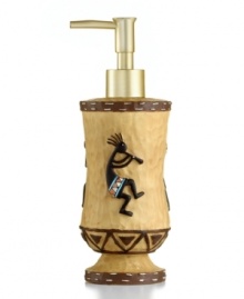 Revered by Native Americans, Kokopelli gives your bathroom an authentically Southwestern vibe. Saddle stitching frames the dancing deity on this dimpled lotion or liquid soap pump. With a goldtone pump. Revered by Native Americans, Kokopelli gives your bathroom an authentically Southwestern vibe. Saddle stitching frames the dancing deity on this dimpled lotion or liquid soap pump. With a goldtone pump.