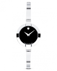 Movado's fashionably slender Bela™ bangle watch in polished solid stainless steel has a classic black Museum® dial.