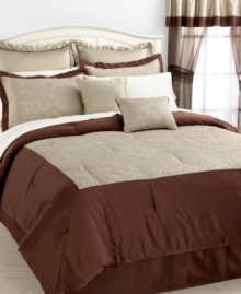 Get lost in the rich earthy tones and lavish embroidery of this Paris comforter set, featuring an intricately embroidered medallion pattern on the center panel surrounded by a deep solid border. Decorative pillows and shams offer coordinating colors and patterns. Comes complete with window treatments for a total bedroom makeover.