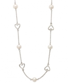 Sweet romance. This delicate sterling silver necklace features petite, cut-out hearts and cultured freshwater pearls (6-6-1/2 mm). Approximate length: 16-1/2 inches. Sweet romance. This delicate sterling silver necklace features petite, cut-out hearts and cultured freshwater pearls (6-6-1/2 mm). Approximate length: 16-1/2 inches.