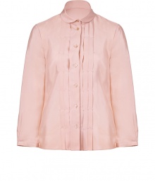 Dashing and demure, this pleat-front silk blouse from Jil Sander Navy injects old-fashioned elegance into your workweek style - Small Peter Pan collar, bracelet-length sleeves, front button placket with pleated pintucks - Tailored silhouette - Pair with cropped trousers or a figure-hugging pencil skirt