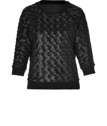 Add a kick of cool to your laid-back looks with LAgences ultra modern textural black pullover - Round neckline, 3/4 sleeves, black ribbed trim, slight surface sheen - Fitted - Wear with favorite skinnies and edgy ankle boots