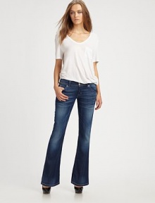 Classic bootcut fit in a dark medium wash designed with a shorter inseam just right for petite frames.THE FITFitted through hips and thighsRise, about 8Inseam, about 31THE DETAILSZip flyFive-pocket styleBack flap pockets98% cotton/2% LycraMachine washMade in USA of imported fabric Classic bootcut fit in a dark medium wash designed with a shorter inseam just right for petite frames.THE FITFitted through hips and thighsRise, about 8Inseam, about 31THE DETAILSZip flyFive-pocket styleBack flap pockets98% cotton/2% LycraMachine washMade in USA of imported fabric