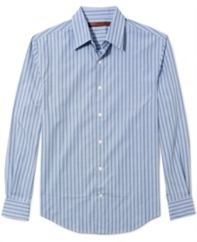 Trimmed down for the summer? Show it off with this slim fit striped shirt from Perry Ellis. Trimmed down for the summer? Show it off with this slim fit striped shirt from Perry Ellis.