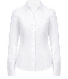 The classic white button down gets a modern update with this chic take from Steffen Schraut - Spread collar, V-neck, front button placket, seaming details down front and back, fitted silhouette - Style with cropped trousers, a blazer, and pumps