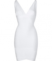 Make a sultry statement in this attention-grabbing white bandage dress from Herv? L?ger - V-neck, bustier-style top, thick spaghetti straps, classic bandage panel detailing with figure-enhancing seams at front, down sides, and at back, concealed back zip closure - Extra form-fitting - Style with sky-high platform sandals and an embellished clutch