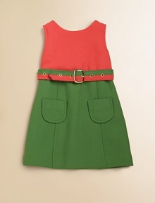 A charming, colorblocked style with a two-tone, grommet belt. ScoopneckSleevelessButton keyhole backBack zipper closureTwo-tone, grommet beltSeamed detailsTwo front patch pockets43% wool/53% polyester/4% Lycra® spandexDry cleanMade in USA of imported fabrics A charming, colorblocked style with a two-tone, grommet belt. ScoopneckSleevelessButton keyhole backBack zipper closureTwo-tone, grommet beltSeamed detailsTwo front patch pockets43% wool/53% polyester/4% Lycra® spandexDry cleanMade in USA of imported fabrics