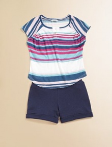 Delivering two striking pieces in one package, a vibrant striped knit is paired with wear-everywhere cuffed shorts for a playtime or dinnertime ensemble. Top Crewneck with v-insetShort cap sleevesFront buttonRound hem Short Elastic waistbandCuffed hem50% cotton/50% modalMachine washMade in USA Delivering two striking pieces in one package, a vibrant striped knit is paired with wear-everywhere cuffed shorts for a playtime or dinnertime ensemble. Top Crewneck with v-insetShort cap sleevesFront buttonRound hem Short Elastic waistbandCuffed hem50% cotton/50% modalMachine washMade in USA