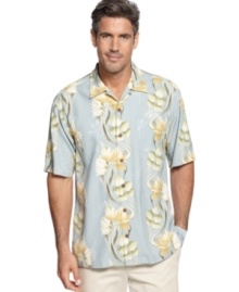 Everywhere you are is a tropical paradise when you are wearing this floral patterned shirt from Tommy Bahama.