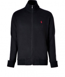 Work out without compromising on style in Ralph Laurens super soft fleece zip-up sweatshirt - Stand-up collar, long sleeves with white side stripes, zippered front slit pockets, fine ribbed trim and paneling under arms, embroidered red polo player chest - Modern slim fit - Wear with your favorite sweatpants and bright sneakers Work out without compromising on style in Ralph Laurens super soft fleece zip-up sweatshirt - Stand-up collar, long sleeves with white side stripes, zippered front slit pockets, fine ribbed trim and paneling under arms, embroidered red polo player chest - Modern slim fit - Wear with your favorite sweatpants and bright sneakers