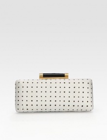 Retro polka dots highlight lush haircalf in this slim convertible evening bag.Detachable chain shoulder strap, 20½ dropTop clasp closureOne inside open pocketFully lined8W X 3¼H X 2DImported