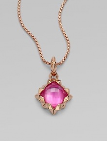 From the Superstud Collection. A faceted dome of pretty pink sapphire quartz is layered over mother-of-pearl, creating richness and depth in this striking pendant within a spiky zigzag setting on a glowing box chain.Pink sapphire quartz and white mother-of-pearlRose goldplated sterling silverChain length, about 18Pendant length, about 1¾Lobster claspImported From the Superstud Collection. A faceted dome of pretty pink sapphire quartz is layered over mother-of-pearl, creating richness and depth in this striking pendant within a spiky zigzag setting on a glowing box chain.Pink sapphire quartz and white mother-of-pearlRose goldplated sterling silverChain length, about 18Pendant length, about 1¾Lobster claspImported