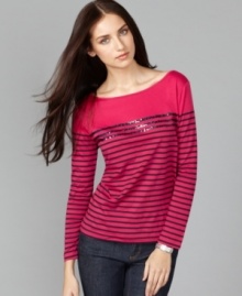 Tommy Hilfiger revamps the classic striped boatneck tee by adding strips of sequins at the chest. Try it with jeans to glam up your casual look! (Clearance) Tommy Hilfiger revamps the classic striped boatneck tee by adding strips of sequins at the chest. Try it with jeans to glam up your casual look! (Clearance)