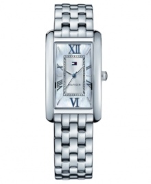 Stunning style for every day, by Tommy Hilfiger. This watch features a stainless steel bracelet and rectangular case. Mother-of-pearl dial with Roman numerals, stick indices and logo, Quartz movement. Water resistant to 30 meters. Ten-year limited warranty.