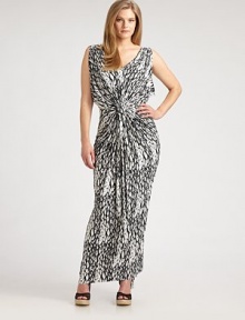 The epitome of flattering, this traffic-stopping design will accentuate your figure, thanks to a deep neckline and twist-front, ruched waist details.Draped, v-necklineSleevelessTwist-front, ruched waistAbout 45 from natural waist94% venezia/6% spandexDry cleanMade in USA The epitome of flattering, this traffic-stopping design will accentuate your figure, thanks to a deep neckline and twist-front, ruched waist details.Draped, v-necklineSleevelessTwist-front, ruched waistAbout 45 from natural waist94% venezia/6% spandexDry cleanMade in USA
