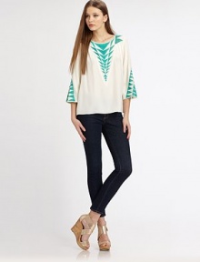 Bold triangle embroidery lends graphic appeal to this flowy silk charmeuse blouse.BoatneckShoulder yokeBell sleevesFlared hemBack box pleatAbout 24 from shoulder to hemSilkDry cleanImportedModel shown is 5'10 (177cm) wearing US size Small. Bold triangle embroidery lends graphic appeal to this flowy silk charmeuse blouse.BoatneckShoulder yokeBell sleevesFlared hemBack box pleatAbout 24 from shoulder to hemSilkDry cleanImportedModel shown is 5'10 (177cm) wearing US size Small.