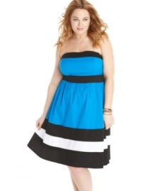 Lock up an on-trend look with Trixxi's strapless plus size dress, showcasing a colorblocked pattern.