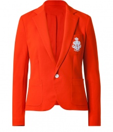 Work a polished preppy edge into your outfit with Ralph Laurens bright orange blazer, detailed with an embroidered emblem for that iconic classic look - Notched collar, long sleeves, buttoned cuffs, front button closure, patch pockets, breast pocket with cream embroidered emblem - Tailored fit - Wear with a button-down and slim-fit trousers