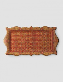 Ceramic platter with handpainted pattern inspired by a Tabriz rug, rich in warm colors and finished with 14K gold filet rim.8W X 16L Hand wash Made in Portugal Ceramic platter with handpainted pattern inspired by a Tabriz rug, rich in warm colors and finished with 14K gold filet rim.8W X 16L Hand wash Made in Portugal