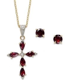 Symbolic sparkle. Victoria Townsend's beautiful matching jewelry set features a pair of stud earrings and pendant in the shape of a cross. Crafted in 18k gold over sterilng silver, highlighting round and pear-cut garnets (2-1/2 ct. t.w.). Approximate length: 18 inches. Approximate drop: 1-1/4 inches. Approximate diameter: 3/16 inch.