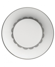 Vera Wang marries modern shapes with traditional lace in this set of dinnerware. The dishes are decidedly timeless. Platinum trim and banding add delicate feminine touches to this white bone china saucer. Vera Wang marries modern shapes with traditional lace in this set of dinnerware. The dishes are decidedly timeless. Platinum trim and banding add delicate feminine touches to this white bone china saucer.