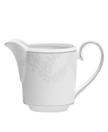 With a modern white-on-white pattern in durable bone china, the Trailing Vines creamer by Vera Wang promises a lifetime of exquisite dining. Trimmed in polished platinum. With a modern white-on-white pattern in durable bone china, the Trailing Vines creamer by Vera Wang promises a lifetime of exquisite dining. Trimmed in polished platinum.