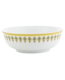 Make a splash with Latika serving bowl from Echo Design and invite the distinct spirit of the 70's to your table setting. Bordered with bands of lemon and mustard yellow, it has a vintage, yet totally modern feel. Mix and match pieces from the collection and create your own eclectic look. Make a splash with Latika serving bowl from Echo Design and invite the distinct spirit of the 70's to your table setting. Bordered with bands of lemon and mustard yellow, it has a vintage, yet totally modern feel. Mix and match pieces from the collection and create your own eclectic look.