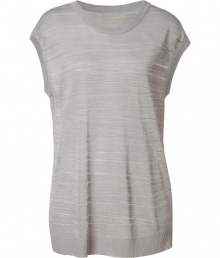 Luxe top in fine, pearl grey viscose blend - Soft, densely woven knit has an ultra-chic, mesh-like appearance - Semi-sheer, with delicate stripe motif - Wide half sleeves and round neck - Straight, relaxed silhouette - Polished and versatile, ideal for pairing with leather pants, skinny jeans or dressy shorts