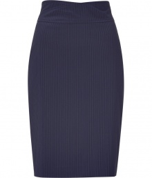 Elegant skirt in fine, dark blue cotton and synthetic fiber blend - Especially comfortable and flattering, thanks to a touch of stretch - Slim-fitting pencil cut hits above the knee - New, higher waist - Decorative seams and rear kick pleat - Zips at back - Sleek and streamlined, in a classically sophisticated pin stripe - Pair with a silk top, tie neck blouse or tank and cropped cardigan and peep toe pumps or leather sandals Elegant skirt in fine, dark blue cotton and synthetic fiber blend - Especially comfortable and flattering, thanks to a touch of stretch - Slim-fitting pencil cut hits above the knee - New, higher waist - Decorative seams and rear kick pleat - Zips at back - Sleek and streamlined, in a classically sophisticated pin stripe - Pair with a silk top, tie neck blouse or tank and cropped cardigan and peep toe pumps or leather sandals